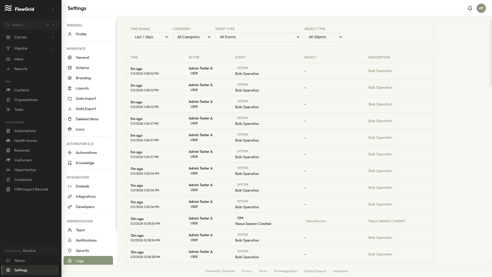 Audit log entry showing actor, timestamp, before/after