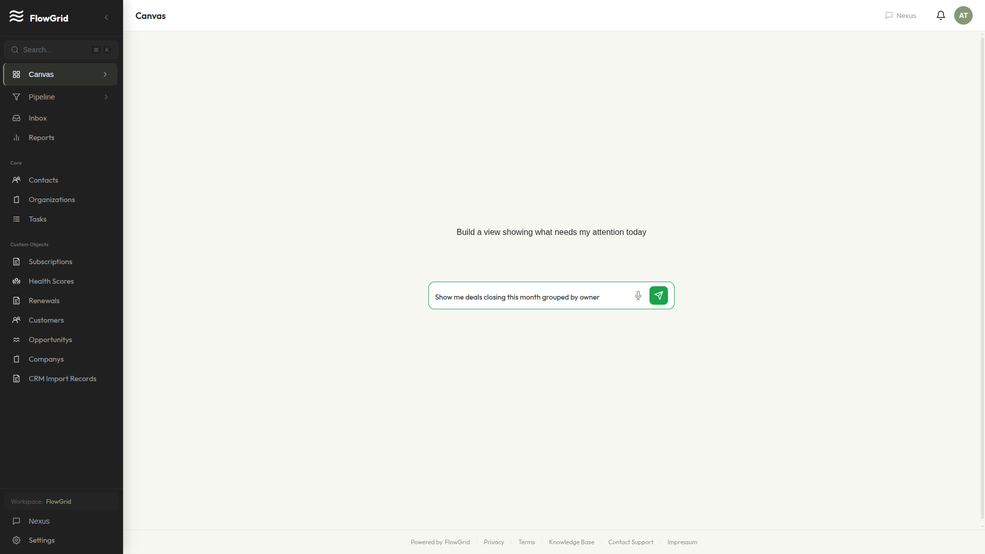 Empty FlowGrid canvas with the Nexus prompt bar