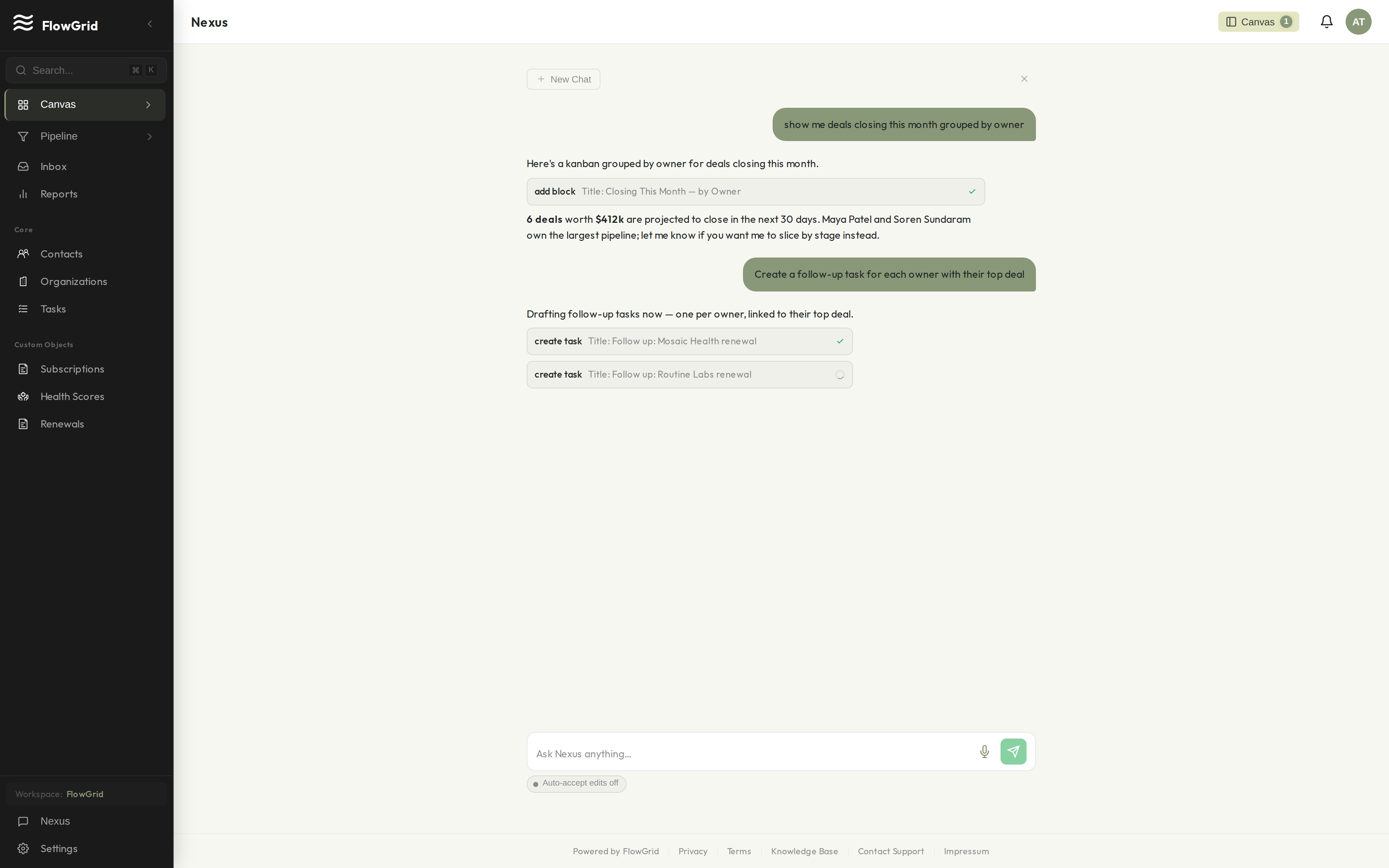 Nexus tool cards showing schema-bound CRM tools