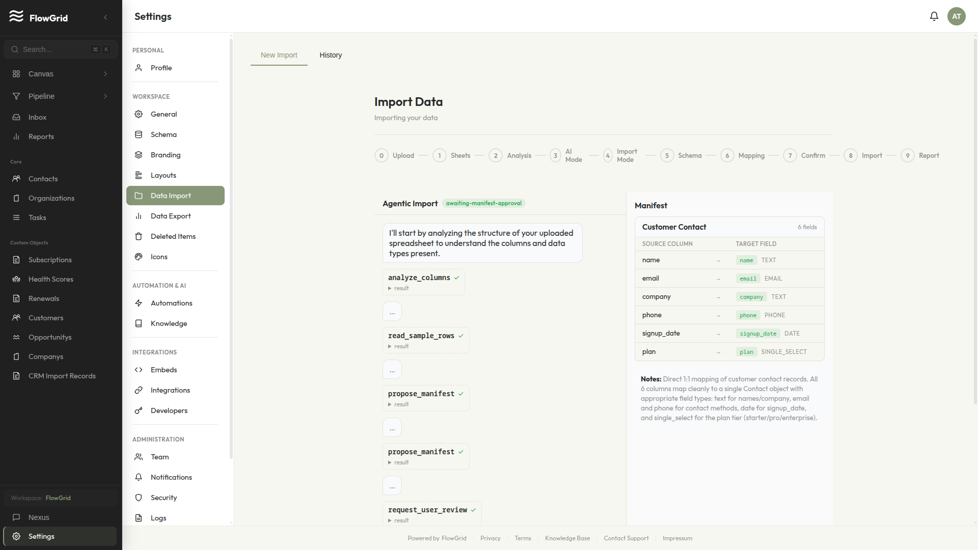 Smart Import mapping a spreadsheet's columns into a FlowGrid schema
